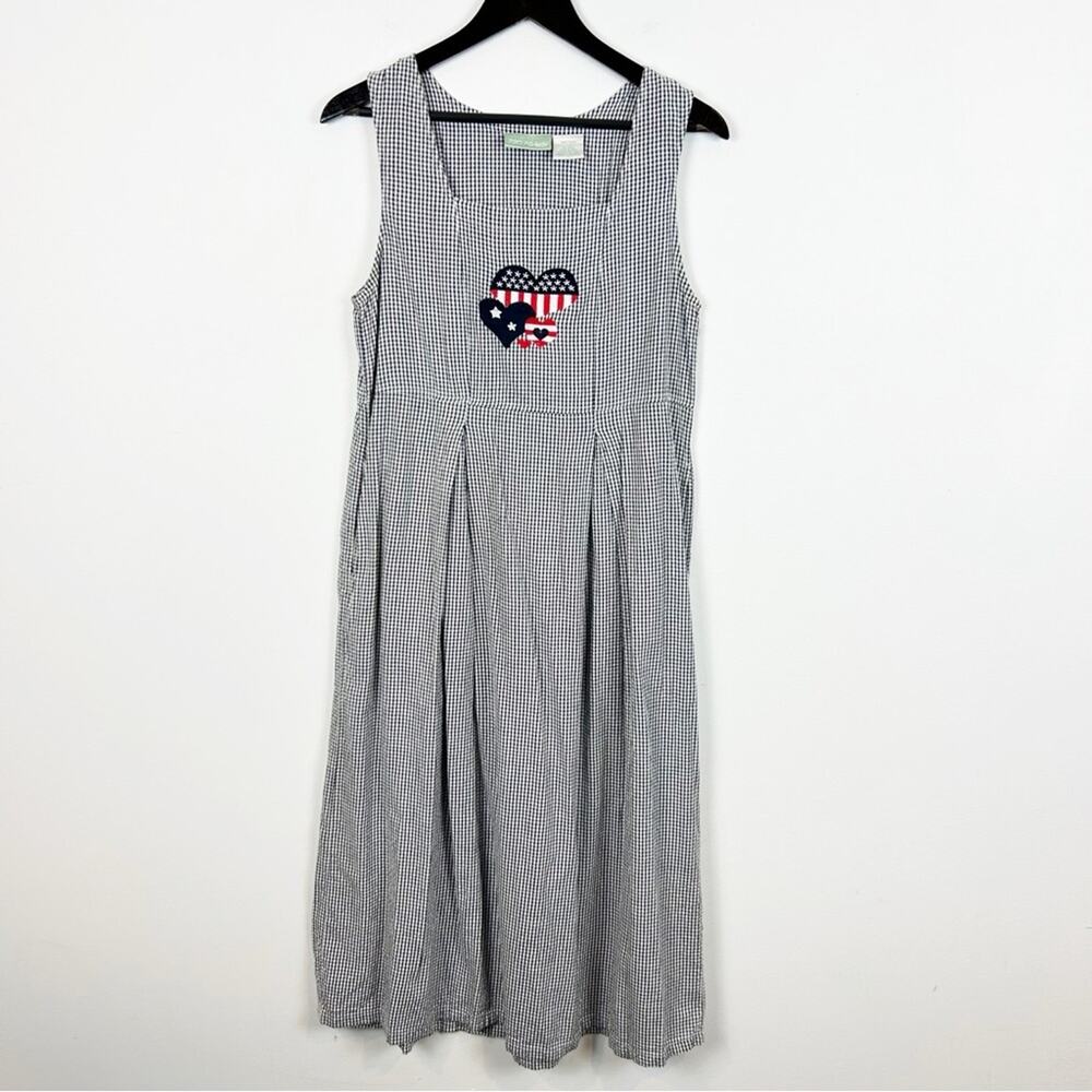 220 Hickory Pleated Blue Checkered Dress with American Flag Hearts Size Small